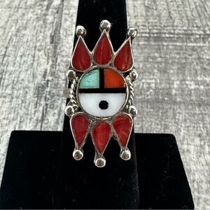 Vintage Zuni Sunface Inlay Ring Sterling Silver Turquoise Coral MOP Sz 7 Tribal